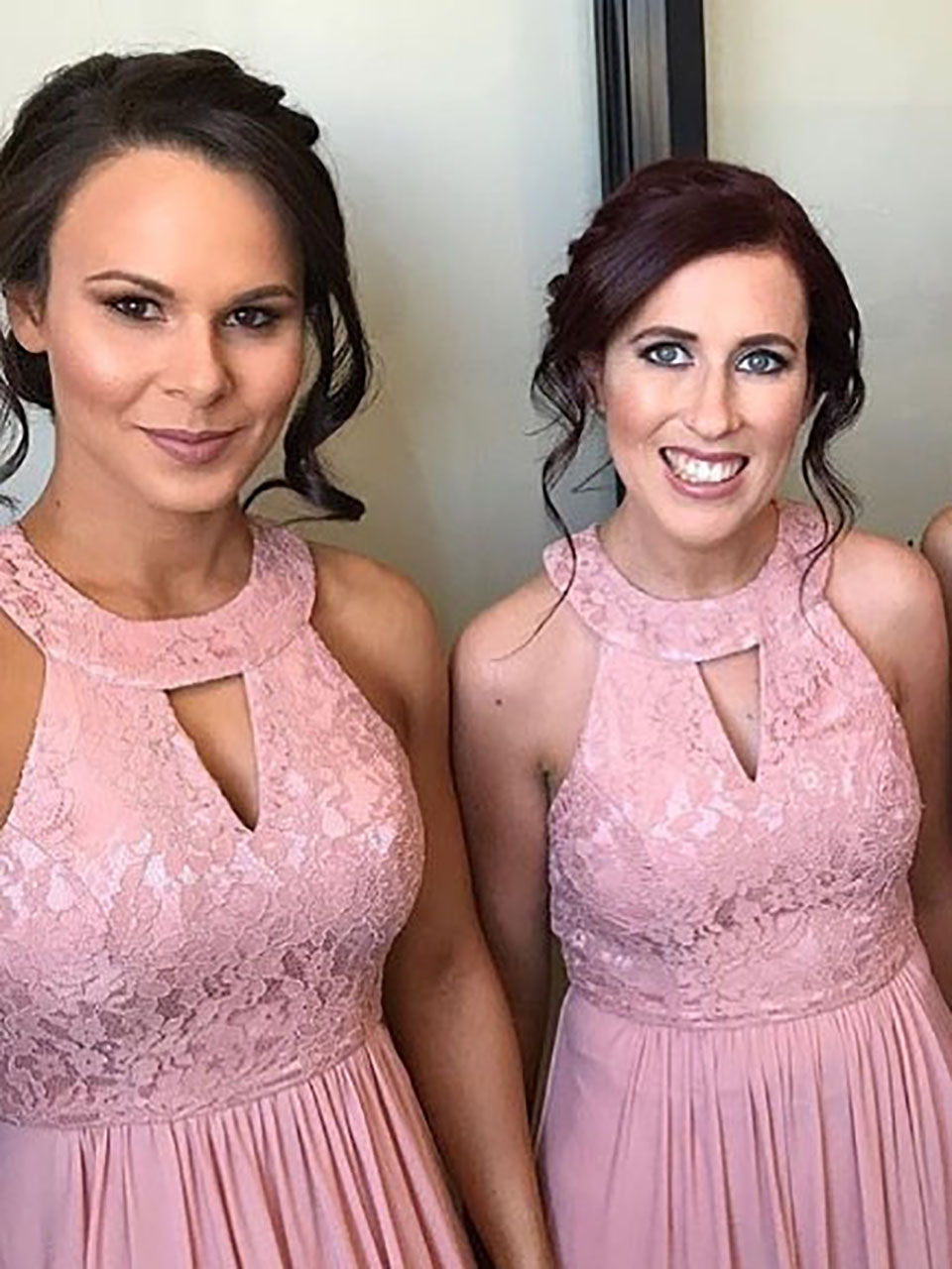 Halter Neck Lace Tops Bridesmaid Dresses Chiffon Floor Length Maid of Honor Dress for Wedding Party