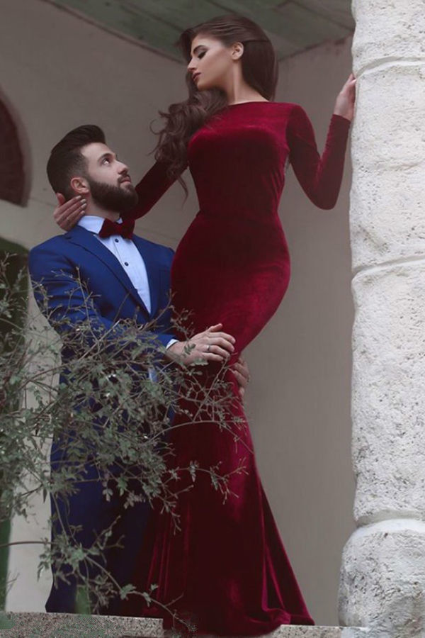 Sexy Burgundy Mermaid Prom Dresses with Long Sleeve Upscale Velvet Sequins Backless Evening Dress Dubai Custom Made Party Gowns