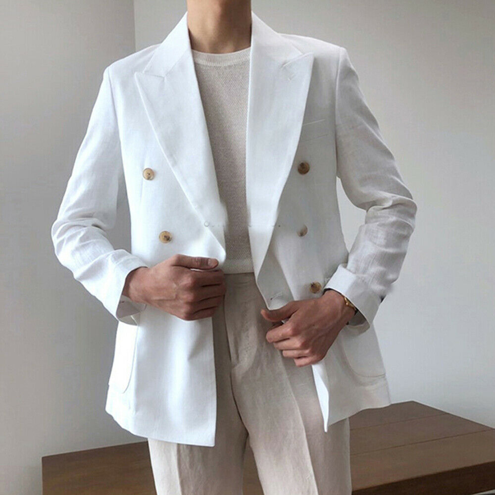 White Linen Men Tuxedos Groom Wedding Suits Peaked Lapel Beach Best Man Wear Slim Fit Prom Party Blazer Jacket Only One Piece