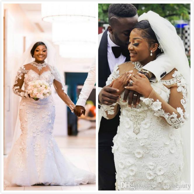 Aso Ebi Arabic Plus Size Urious Mermaid Dresses Lace Beaded Crystals Sheer Neck Wedding Dress Bridal Gowns Vestidos De Noiva