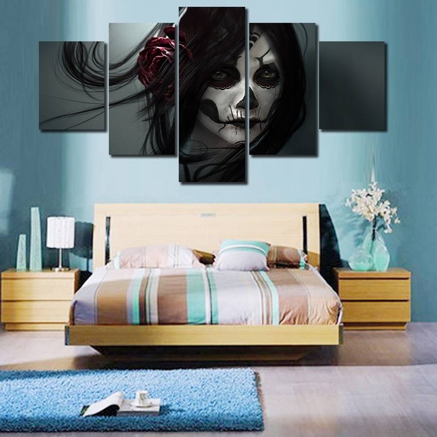 5pcs/set Unframed Skull Girl Coloured Drawing on Face Figure Painting On Canvas Wall Art Painting Picture For Living Room Decor