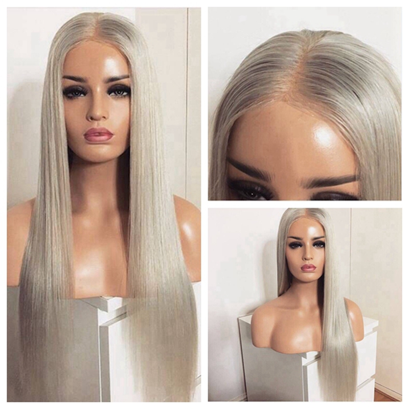 High quality simulation human hair Grey Hair Wigs Long Natural Gray White Silver brazilian Lace Front Wig synthetic hairfor Women African