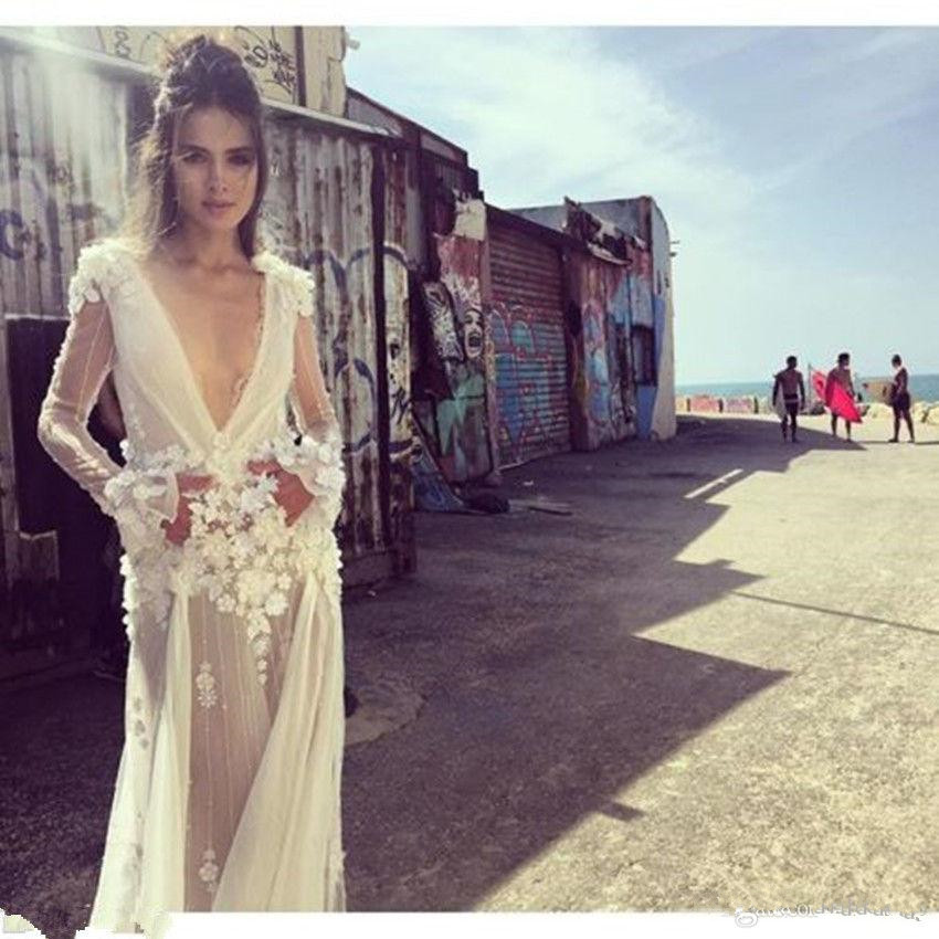 2019 Vintage Wedding Dresses Plunging V Neck Long Sleeves Bridal Gowns Floor Length Crystal Pearls vestidos de Wedding Dress robe de mariée