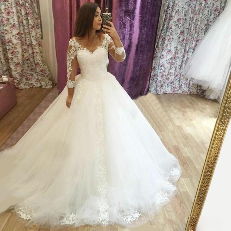 Pearls Puffy Wedding Dresses Princess Bridal Ball Gowns Beading Long Sleeves Lace Appliques Wedding Gowns Petites Plus Size Custom Made