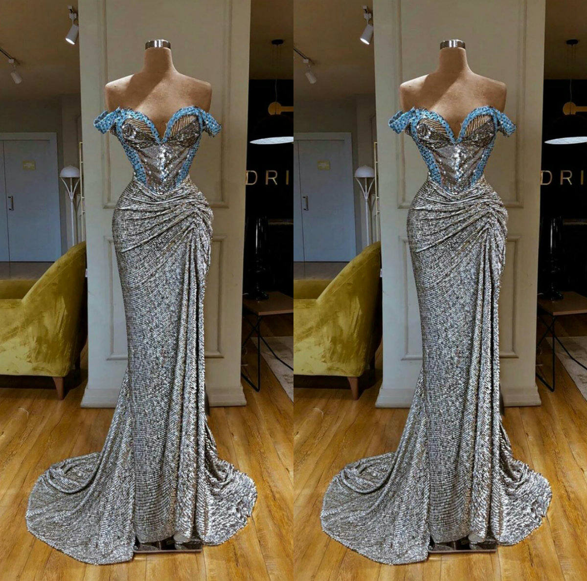 Real Image Mermaid Prom Dresses Off The Shoulder Bling Sequins Beaded Luxury Evening Dress Custom Made Special Occasion Gowns