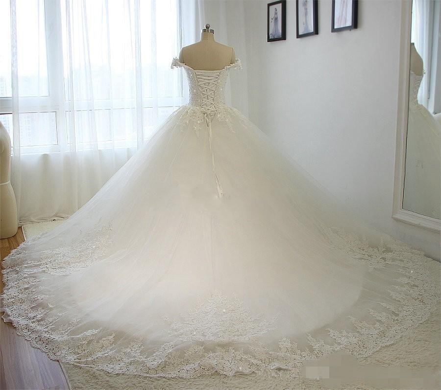 2020 Newest Ball Gown Wedding Dresses Lace Applique Chapel Train Corset Back Beaded Off the Shoulder Wedding Bridal Gown vestido de novia
