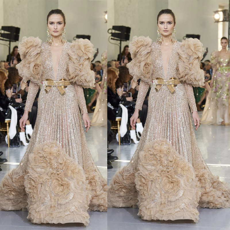 Elie Saab New Sequins Evening Gowns Illusion Deep V Neck Long Sleeve Prom Party Dresses Runway Fashion Vestidos De Fiesta