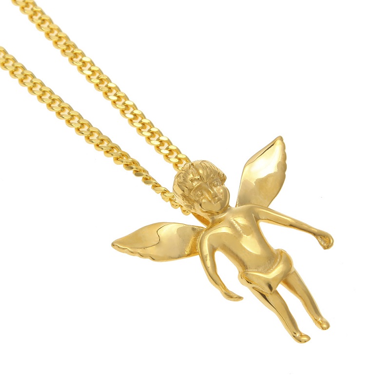 Fashion- Hip Hop Necklace Gold Stainless Steel Baby Angle Pendant Necklaces Cuban Link Chain Mens Jewelry