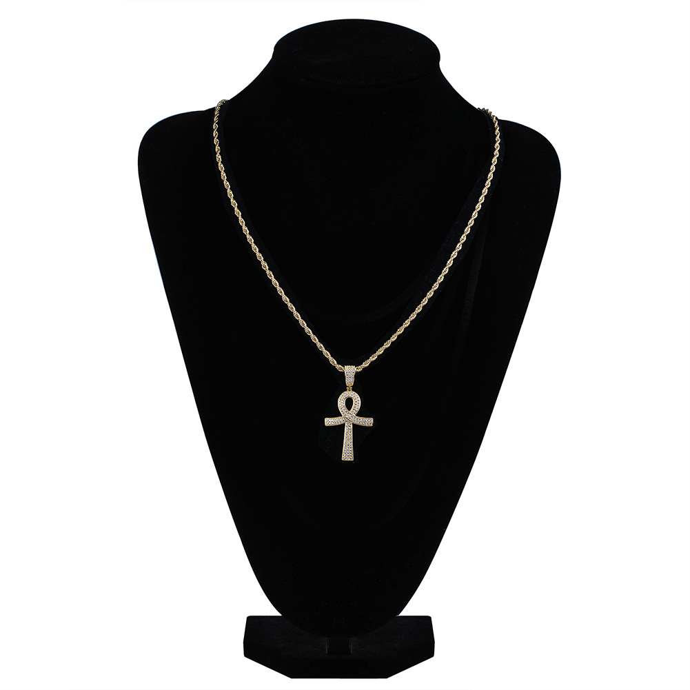 and White Gold Plated Dia Ankt Key of Life Cross Pendant Chain Necklace Cubic Zirconia Hip Hop Rapper Jewelry for Men Wholesale