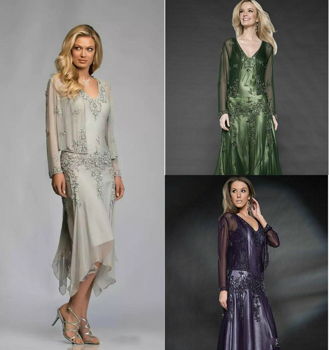 Plus Size Two Pieces Mother Of The Bride Dress With Jacket A-Line Long Sleeve Silver Green Chiffon Wedding Party Gowns With Pearls Groom Mom Evening D
