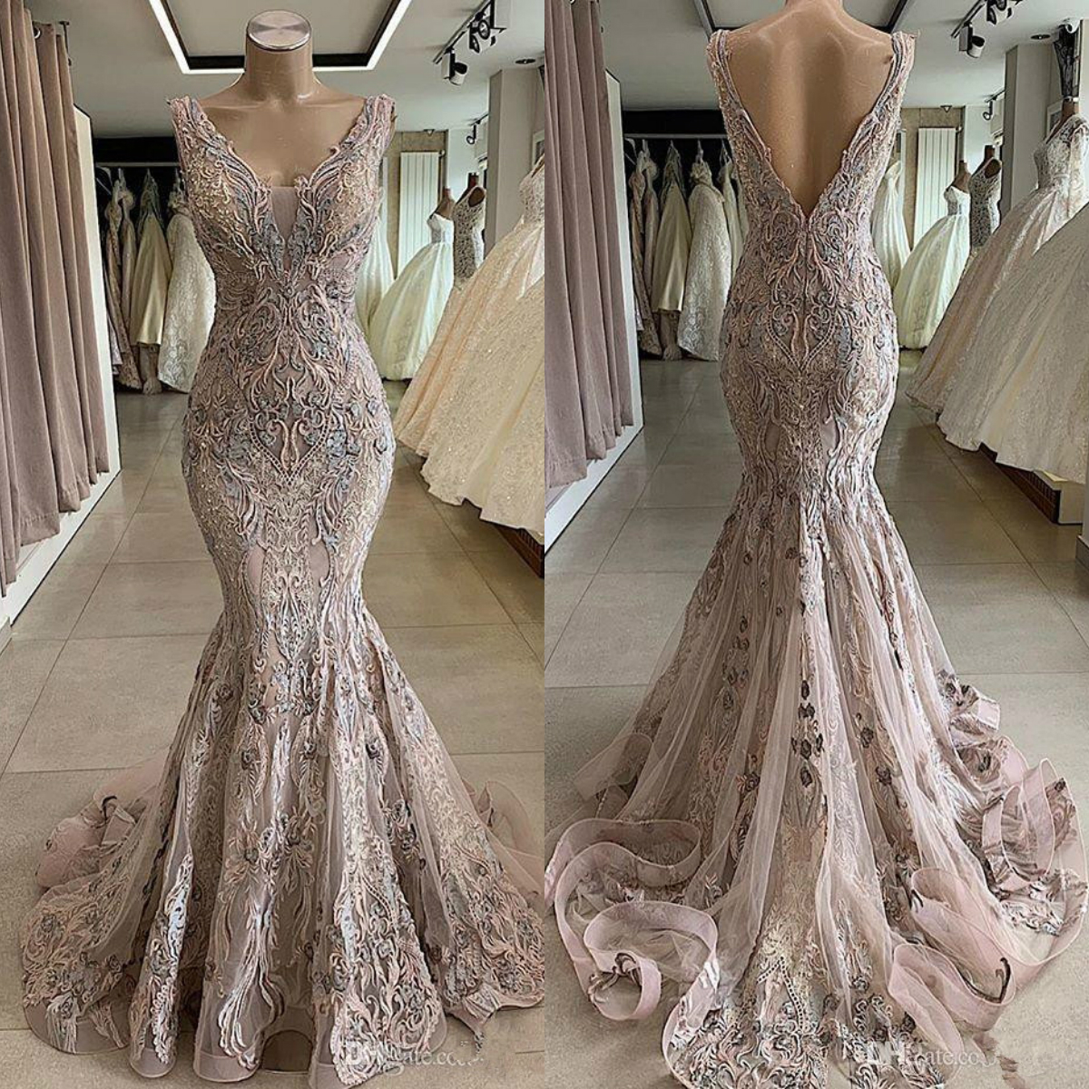 latest lace beaded mermaid dresses deep v neck appliqued backless pageant prom gowns formal party wear