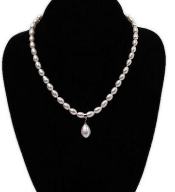 

free shipping Details about Natural 7-9mm White Rice Freshwater Pearl Necklace with Pearl Pendant Choker 17"
