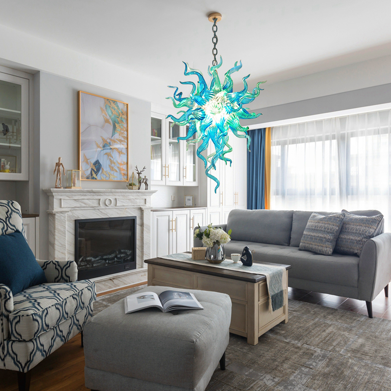 Modern Chandelier Blue Teal Glass Ceiling Light Art Deco LED Bulbs Hand Blown Glass Chandelier Lighting Pendant Lights living room furniture