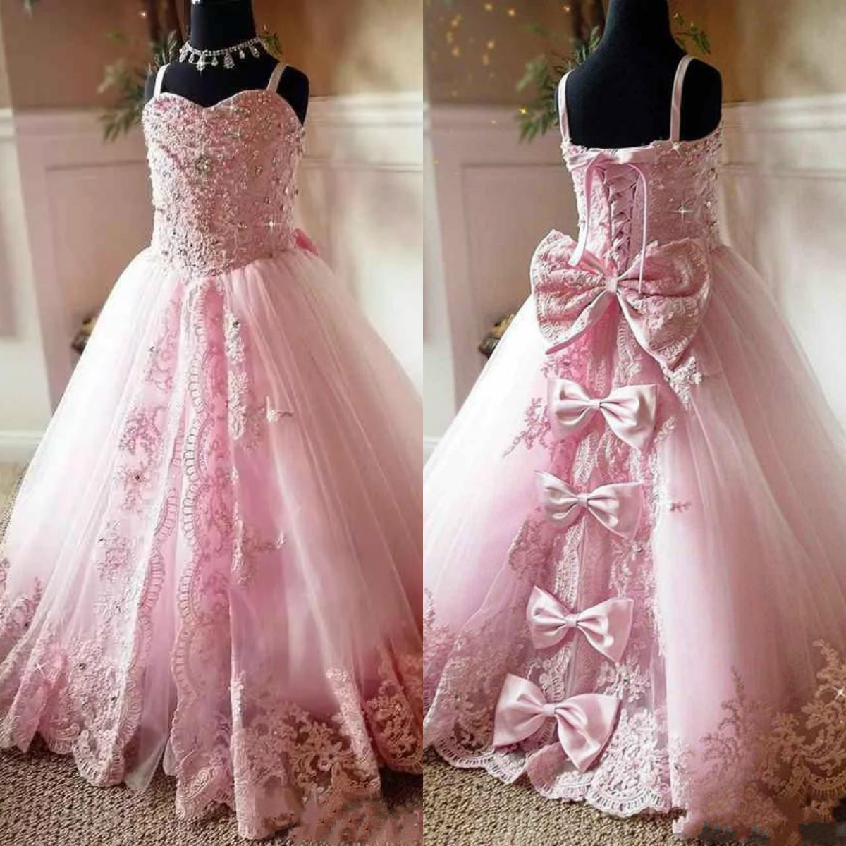 2019 Beaded Pink Lace Appliques Long Flower Girl Dresses Spaghetti Straps Custom Bow Kids First Communion Pageant Party Gowns