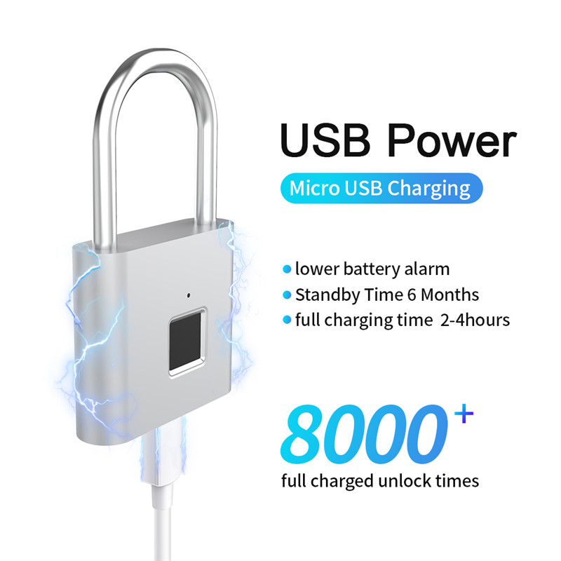 Fingerprint ID Keyless Door Lock Smart Padlock Quick Unlock Zinc Alloy Metal Self Developing Chip Lock USB Rechargeable Multipurpose System