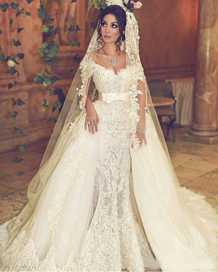 Sexy V Neck Luxury Lace Wedding Dresses Pearls V-Neck Off-Shoulder Detachable Train Applique Bridal Gowns With Belt Robe De Mariage