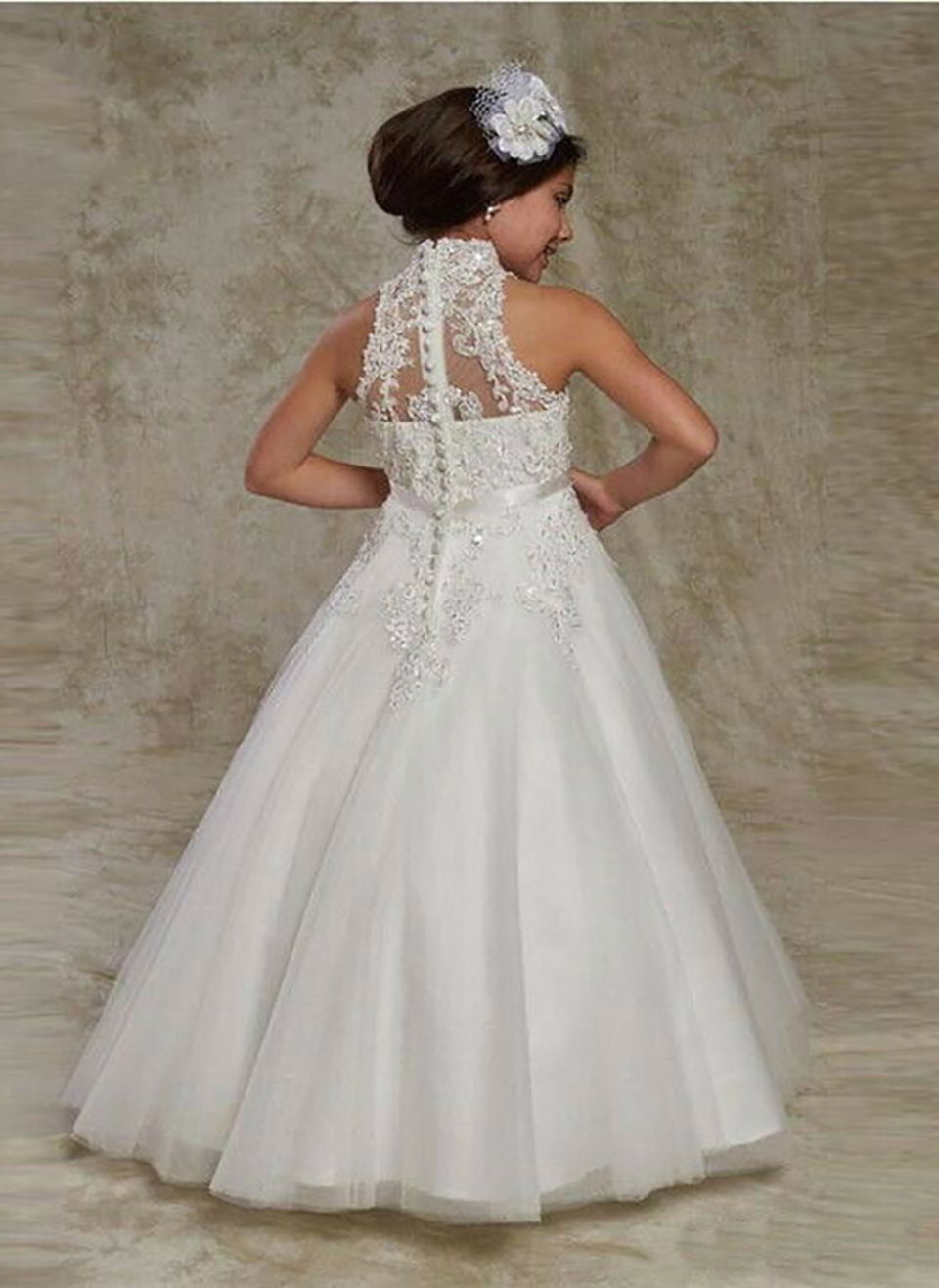 White Lace Girls Dresses Kids Formal Wear Flower Girls' Dresses Floor Length First Communion Dress Princess Dress