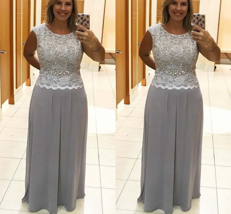 2020 Newest Elegant Plus size Silver A-Line Chiffon Long Mother Dresses With Crystal Sash Formal Evening Prom Gowns