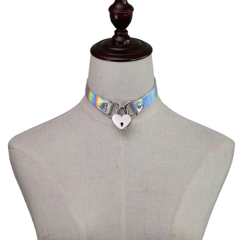 Love Heart Lock Pendant Laser PU Leather Choker Necklace Collar Sub Slave Necklaces with Key Women Statement Jewelry Girlfriend Valentine Gift