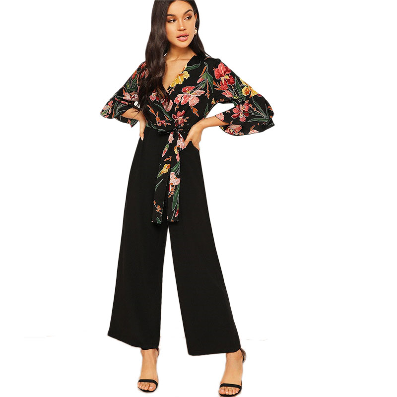Lady Elegant Floral Print Wrap Bodice Wide Leg Jumpsuit Spring Deep V Neck Knot Hem Flounce Sleeve Workwear Jumpsuits, Multi
Lady Elegant Floral Print Wrap Bodice Wide Leg Jumpsuit Spring Deep V Neck Knot Hem Flounce Sleeve Workwear Jumpsuits, Multi