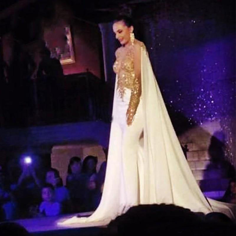 Elegant Arabic Kftan Gold Beaded Appliques Prom Dresses Long Sleeve With Cape Backless Women Formal Evening Gowns Mermaid