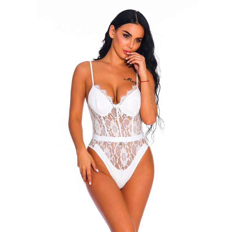 Women Lace Bodysuit Sexy Lingerie Pajamas Open Crotch Nightwear Teddy with Strappy Eyelashes Cups Ladies Sleepwear Babydoll Underwear S-XXL