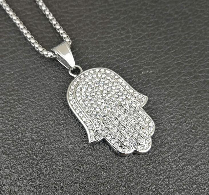 Mens lucky hamsa hand pendant necklace hip hop Rock style Full cubic zirconia 24" rope chain silver gold plated cz men necklace WY015