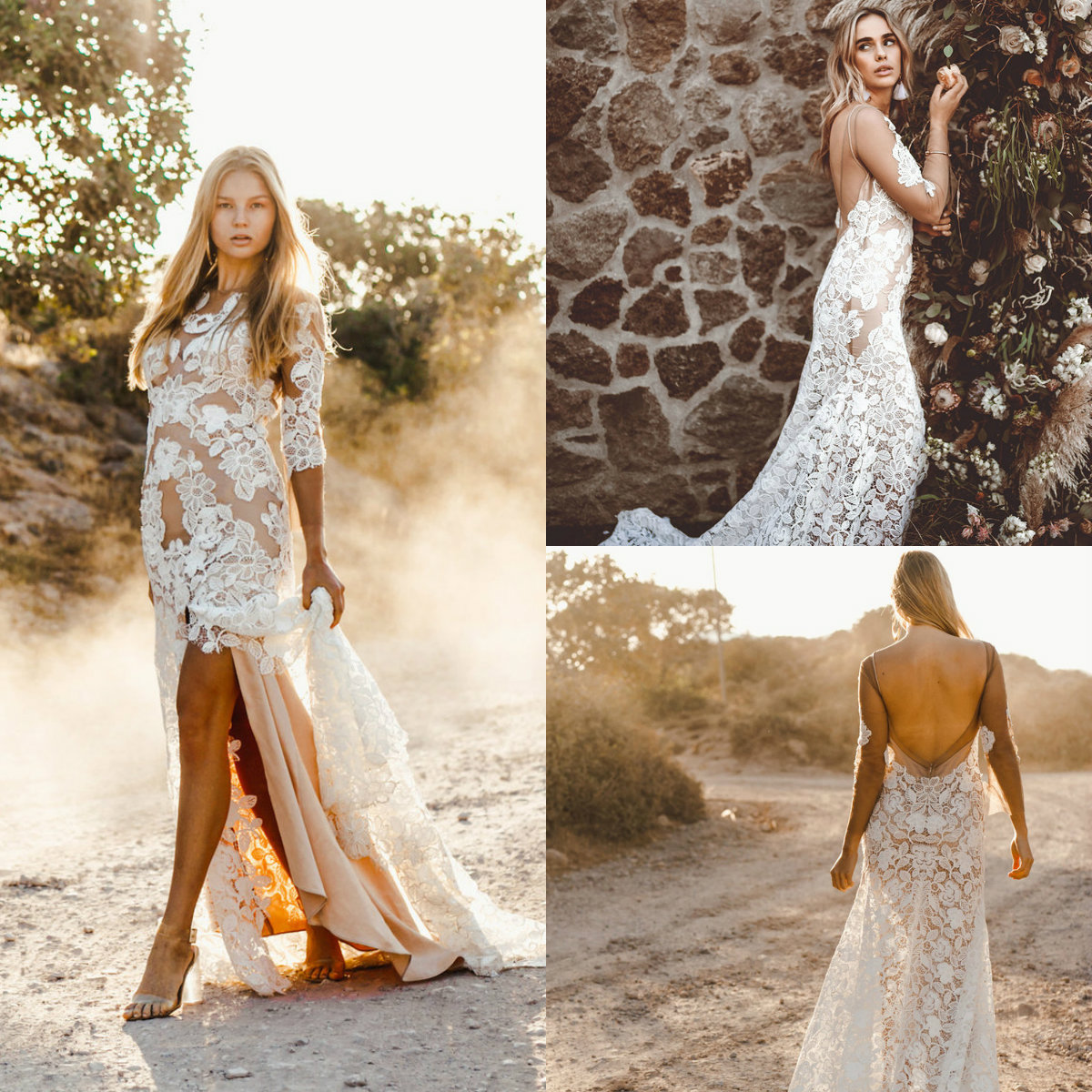 2019 Mermaid Wedding Dresses Thigh High Split Jewel Neck Lace Appliques Long Sleeve Wedding Dress Sexy Boho Backless Bridal Gowns Plus Size