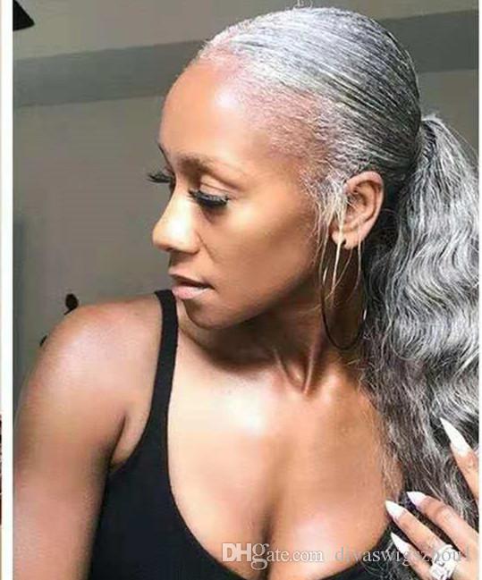 Pure color silver grey human hair ponytail extension clips drawstring deep curly pony tail hair piece 140g 14inch