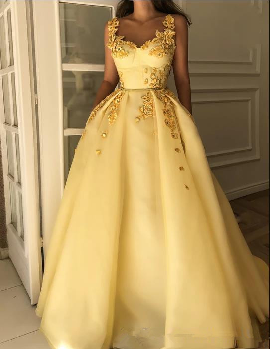 2020 Yellow Prom Dresses Appliqued Lace A Line Belt Floor Length Fairy Evening Dress Custom Made Cheap Special Occasion Gowns