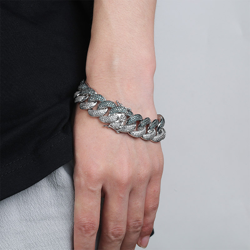 18mm Hip Hop Cuba Chain Bracelet Mens Emerald Color Full Diamond Stone Heavy Thick Platinum Plated Bangle