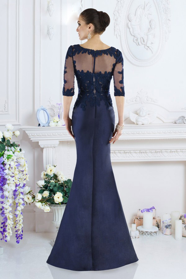 Navy Blue Janique Mermaid Mother of The Bride Dresses Jewel Half Sleeve Lace Applique Wedding Guest Dress Sweep Train Evening Gowns