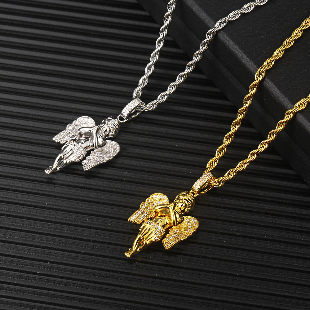 Hip Hop Prayer Angel Pendant Necklace Shining Full Diamond Stone Stainless Steel Bling Charm Pendants Jewelry