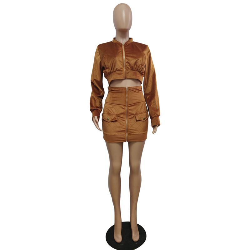 ZOOEFFBB Sexy Two Piece Set Women Autumn Winter Outfits Festival Clothing Zip Crop Top and Mini Skirt Matching Suits 2 Piece Set