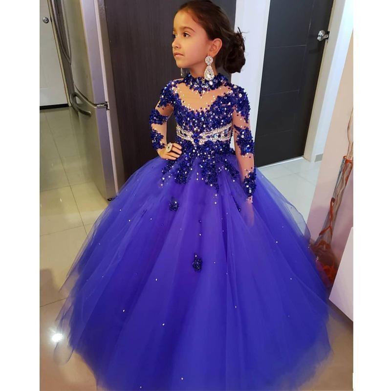 High Neck Girls Pageant Dresses For Weddings Long Sleeve Royal Blue Beads Wer Girl Or Length Kids Birthday Communion Dress