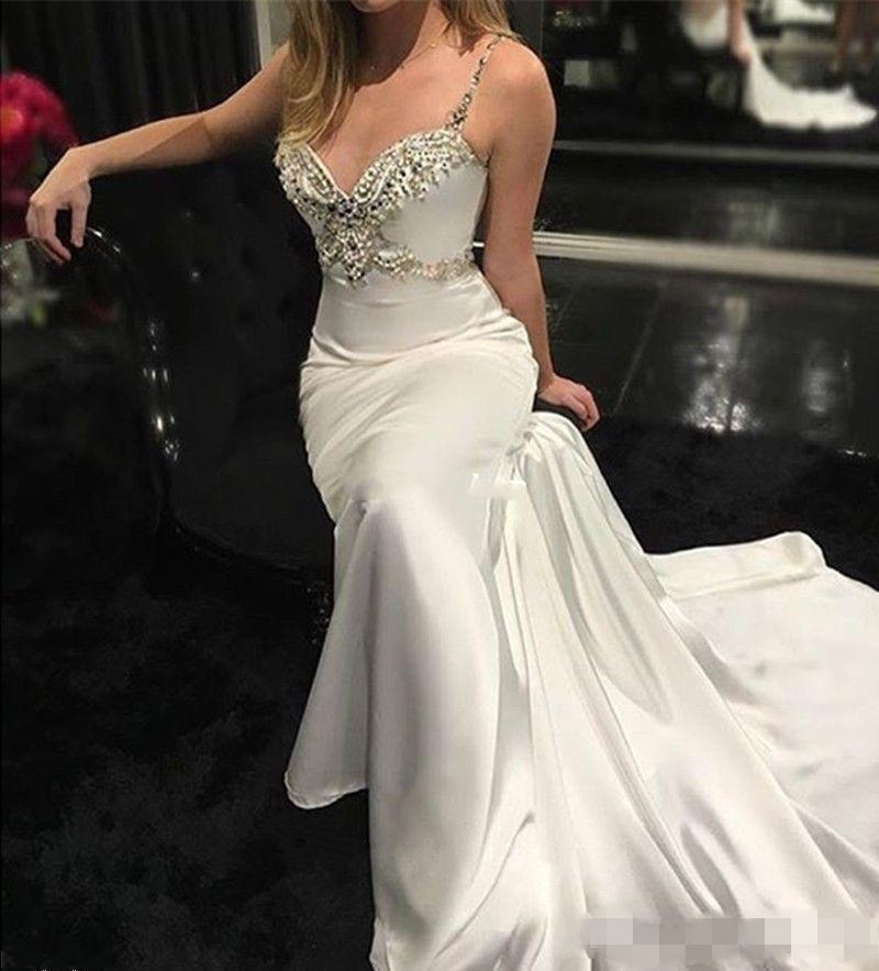 Sexy Spaghetti Straps Mermaid Dresses Backless Satin Sweep Train Beaded Crystal Wedding Bride Gown Vestido De Novia 401