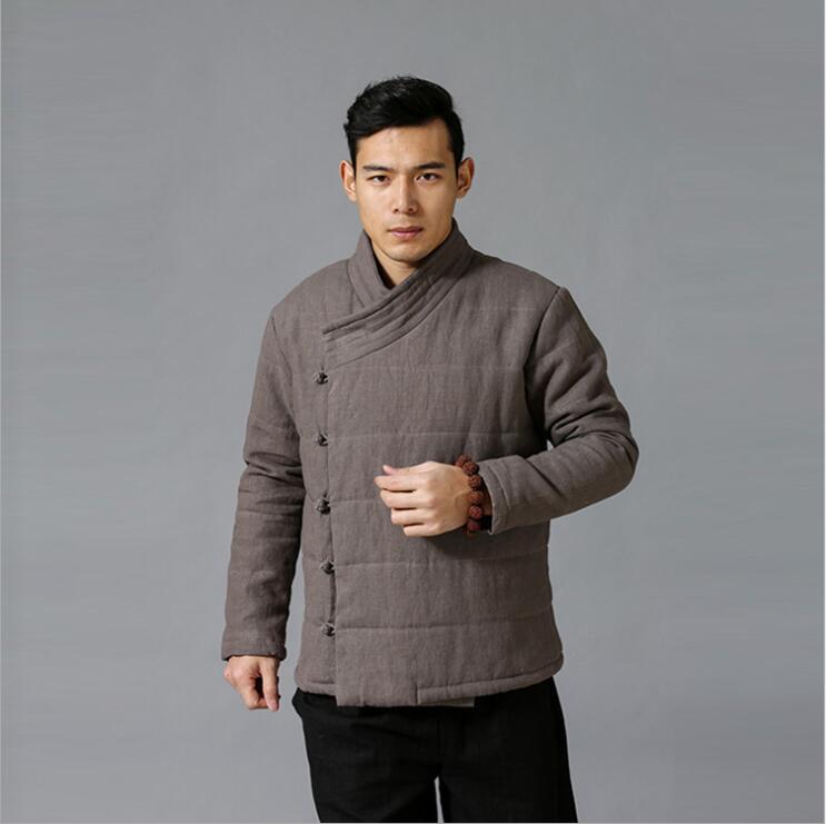 East Asian Vintage Jacket Winter men ramie cotton padded clothes slant lapel Chinese Style Coat Traditional Warm Cotton Linen clothes