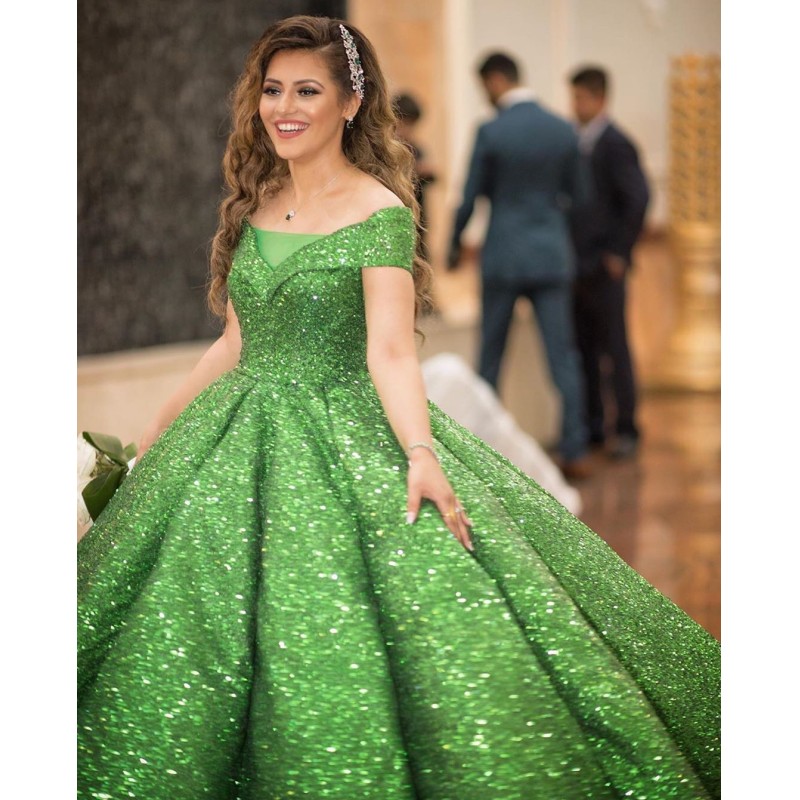 Rilliant Green All Gown Prom Dree Off The Shoulder Sequined Party Gown Plu Size Ruffle Or Length Skirt Formal Dre