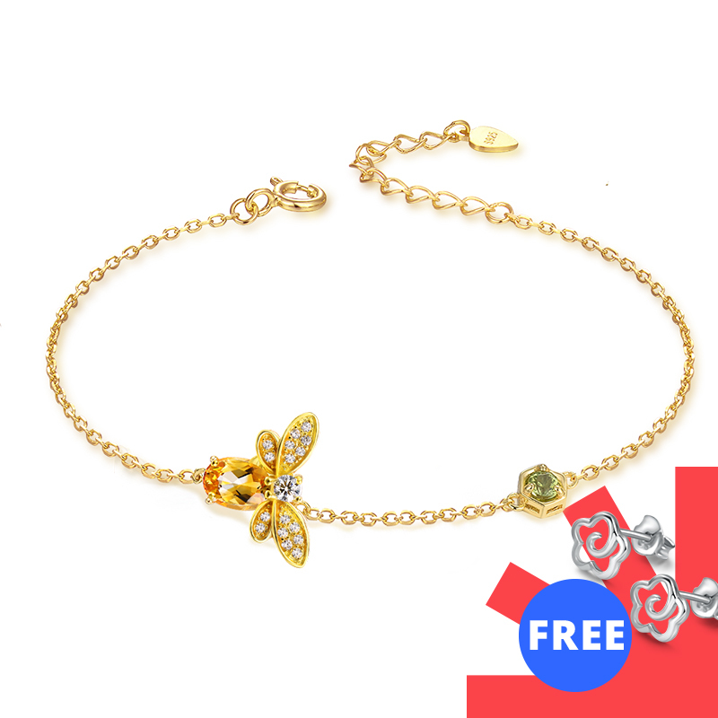 LAMOON Cute Bee 925 Sterling Silver Bracelet Woman love Citrine Gemstones Jewelry 14K Gold Plated Designer Jewellery LMHI002 CX200702