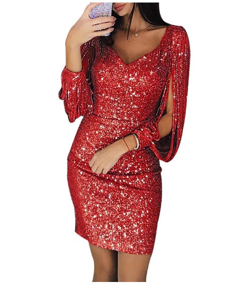 Summer Fashion Sexy V-neck Sparkling Tassel Long-sleeved Slim Bag Hip Dress Club Party Casual Dress S-3XL