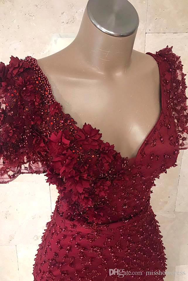 Red Mermaid Dark Evening Dresses New Short Sleeves V Neck Lace Beaded Pearls Arabic Long Party Prom Gowns Robe De Mariee Modest 6660306