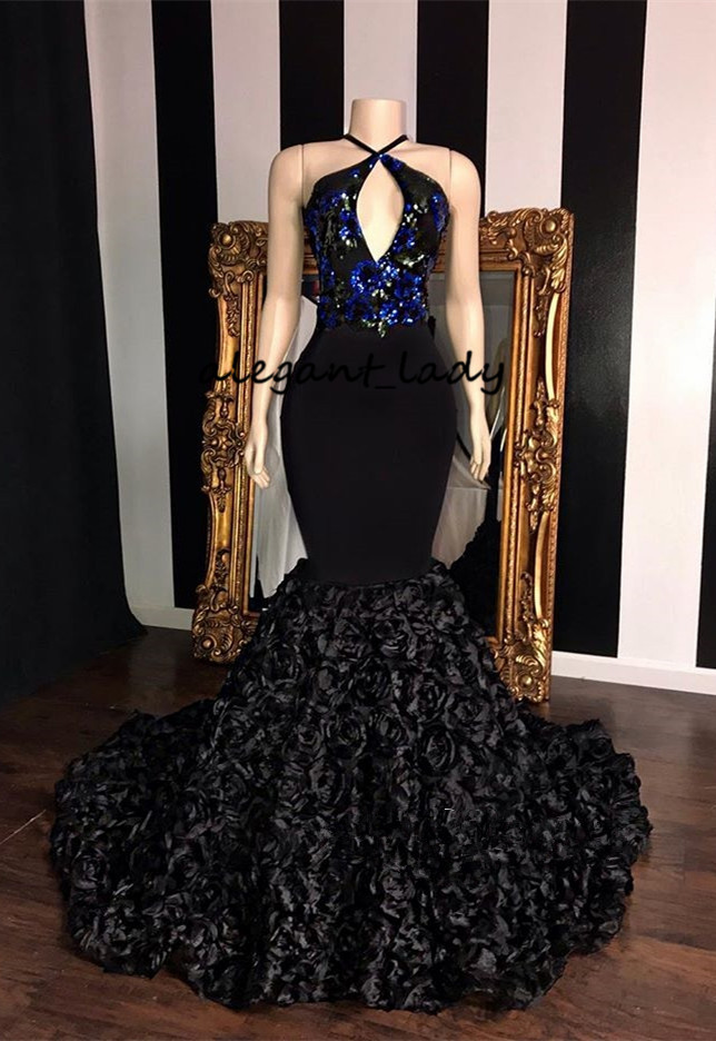 2019 Mermaid 3D rose Flowers Bottom Evening Gowns Sexy Keyhole Neck Shiny Sequins Applique Trumpet African Occasion Prom Dresses