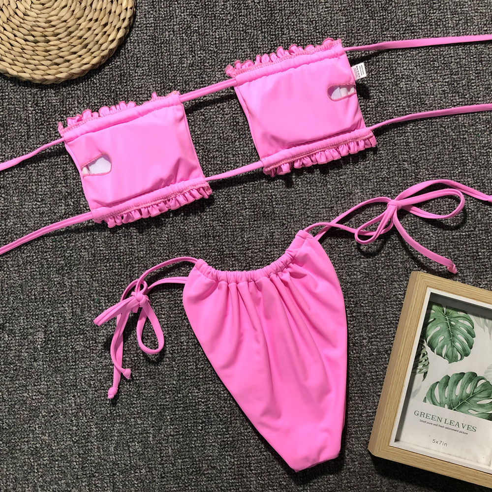 Sexy Hollow Out Bikinis Women Swimwear Purple Pleated Swimsuit Female Double-Sided Printing Micro Push Up Bikini Set