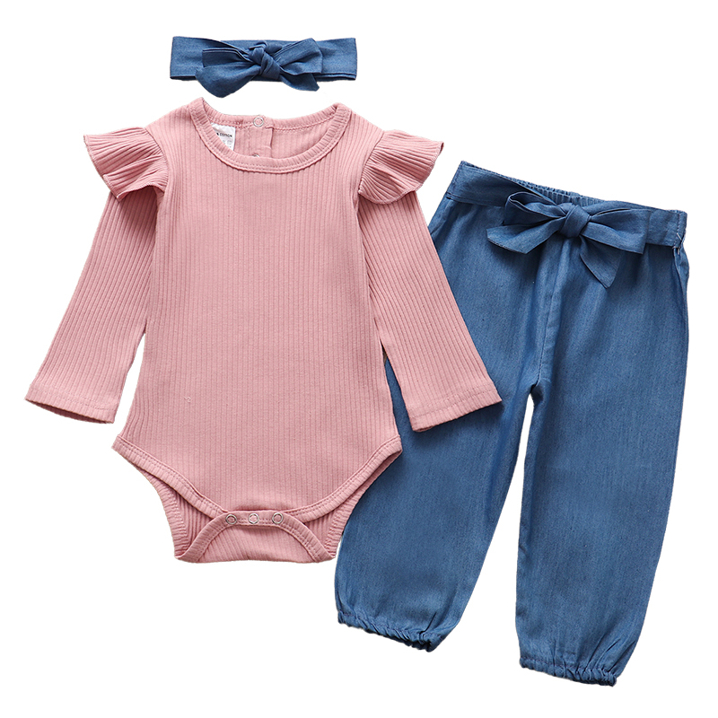 Baby Girl Clothes Newborn 3Pcs Set Autumn Girls Ruffles Solid Romper Bodysuit Floral Pants Headband Outfits 0-24 Months Clothing