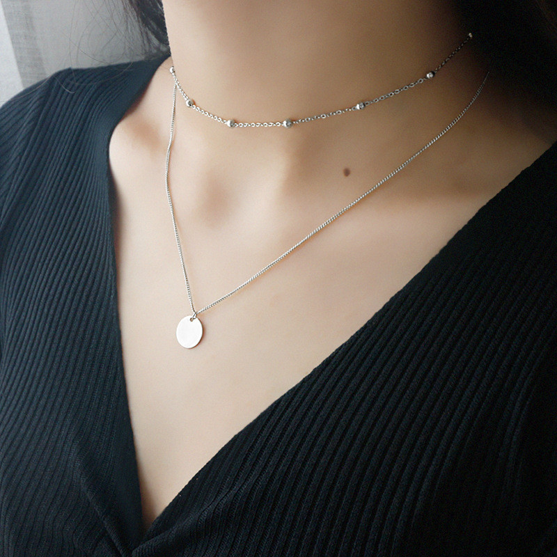 100% 925 Sterling Silver Double Layer Collarbone Chain Women Choker Necklaces New Simple Geometric Round&Beads Necklaces