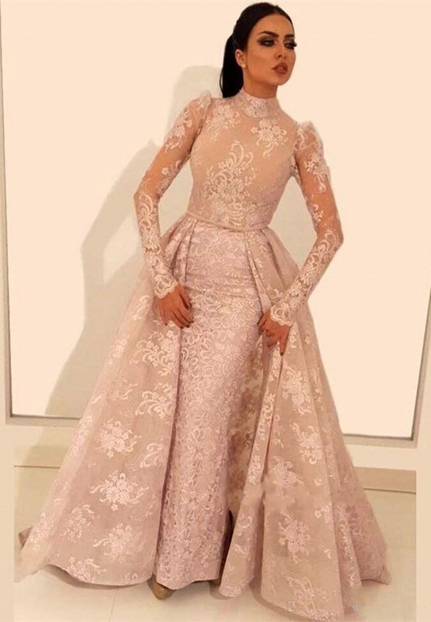 Arabic Saudi Long Sleeve High Neck Lace Evening Gowns Appliques Beaded Middle East Prom Dresses