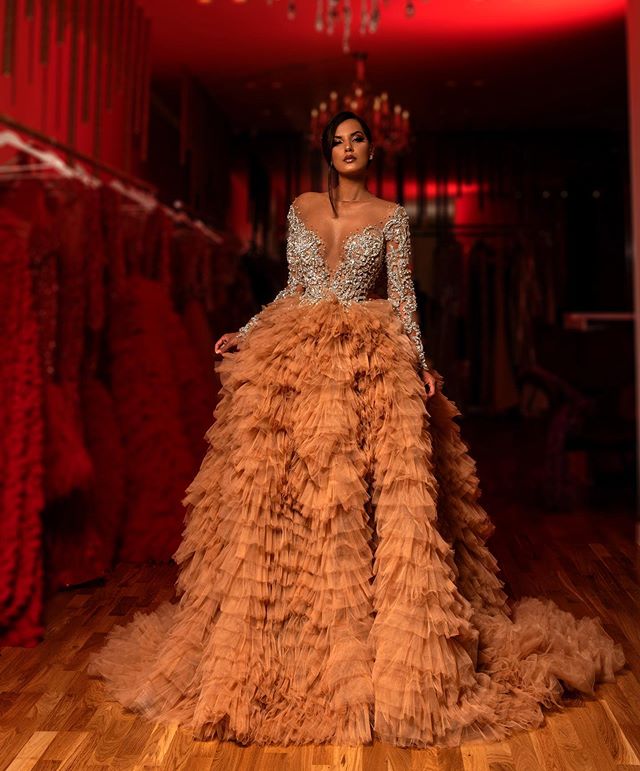 Arabic Beaded Evening Dresses Sheer Jewel Neck Crystal Tiered Skirts Long Sleeve Prom Dress Sweep Train A e Party Gowns
