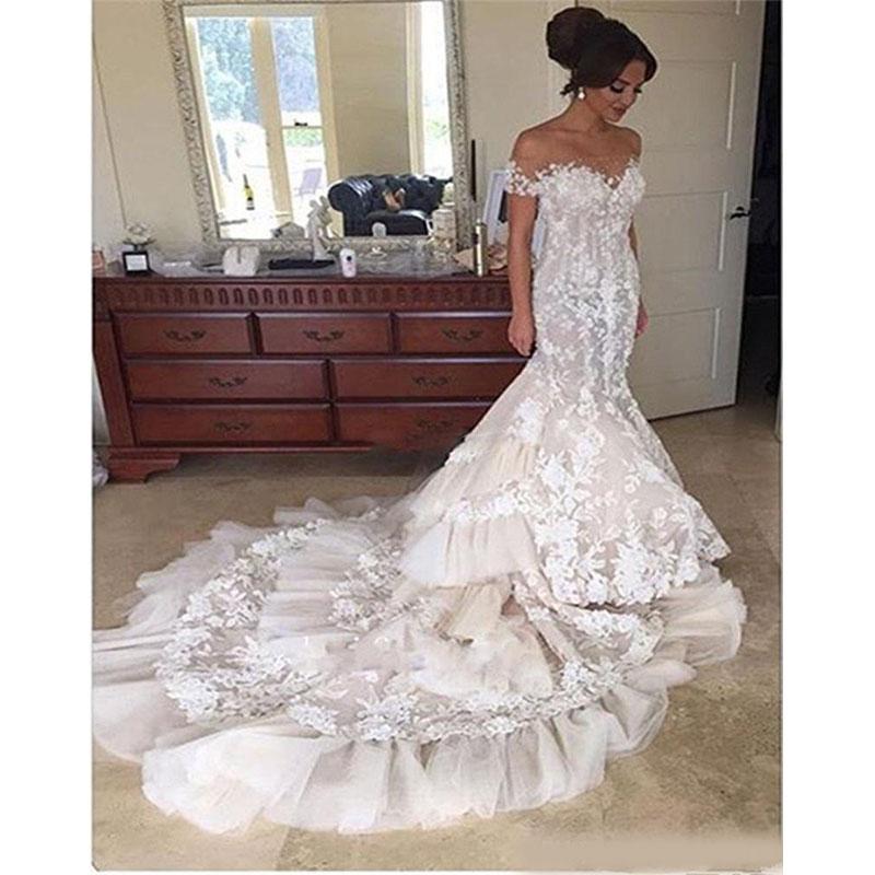 Mermaid Beaded Charming Lace Wedding Dresses Off The Shoulder Appliqued Bridal Gowns Custom Made Court Train Trumpet Robe De Marie