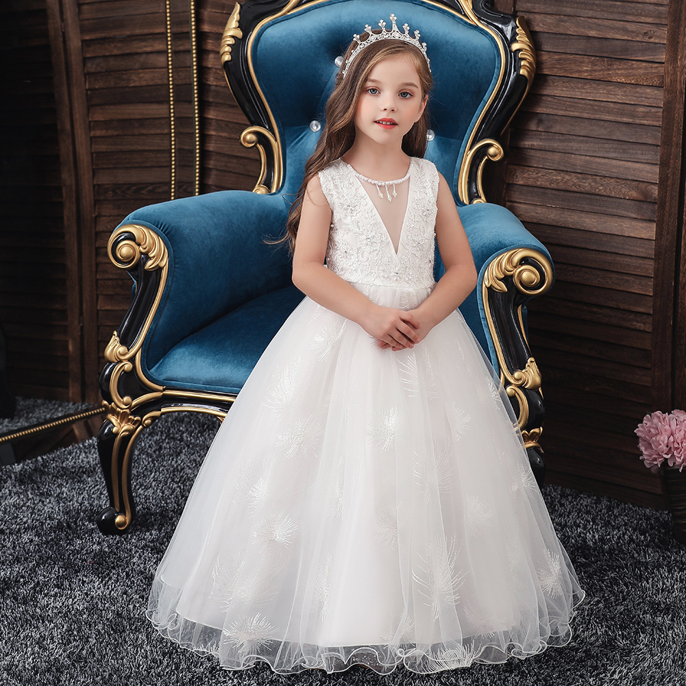 Child Western Style White Long Girl Wedding Dress For Kids Embroidered V-Neck Dresses For Girls Of 10 Year Old, Bean pink 
Child Western Style White Long Girl Wedding Dress For Kids Embroidered V-Neck Dresses For Girls Of 10 Year Old, Bean pink