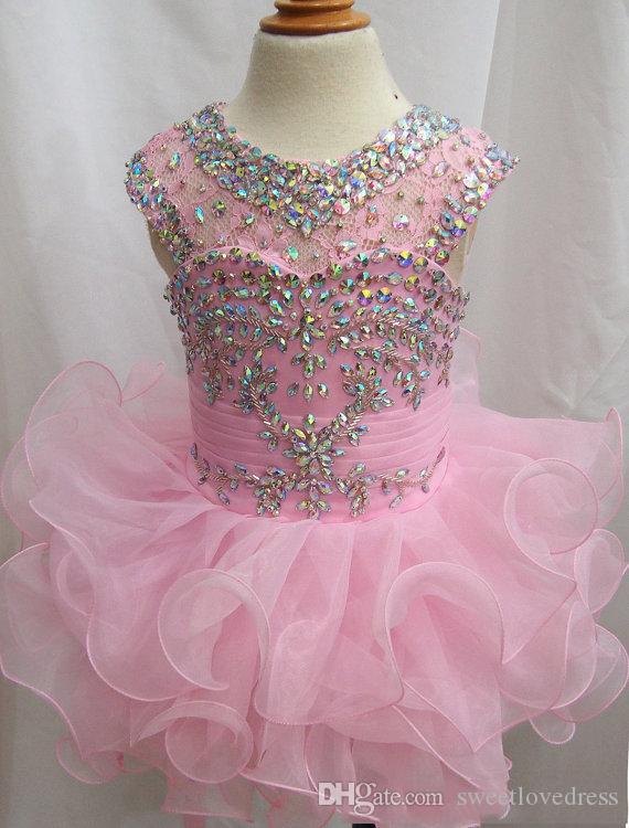 Custom Made Orgaza Ruffle tutu skirt Girls Pageant dresses Lovely short Kid Formal Wears Crystal Beaded Collar Pageant Gown Gor Toddler